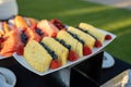 colorful platter of fruit at sunrise breakfast event Royalty Free Stock Photo