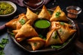 colorful platter of samosas with a tangy and spicy paneer filling, garnished with fresh herbs and served with chutney