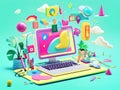 Colorful and Playful Digital Workspace Design with Floating Icons and Creative Elements Royalty Free Stock Photo