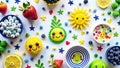 Colorful and playful flat lay of fruit with cute faces, scattered around white background Royalty Free Stock Photo