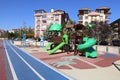 Colorful playground on yard in the park. Exercise, architecture.