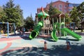 Colorful playground on yard in the park. Exercise, architecture.