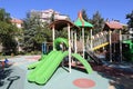 Colorful playground on yard in the park. Exercise, architecture.