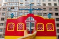 Colorful playground on yard. soft coating for children playgrounds from rubber crumb. Royalty Free Stock Photo