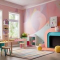 A colorful playroom with interactive wall murals, storage for toys, a craft area, and bright, lively colors3