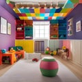 A colorful playroom with interactive wall murals, storage for toys, a craft area, and bright, lively colors1