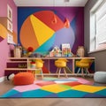 A colorful playroom with interactive wall murals, storage for toys, a craft area, and bright, lively colors2