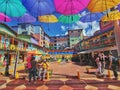 Colorful plazoleta de los zocalos and umbrellas in Guatape, Antioquia. Colombia Royalty Free Stock Photo