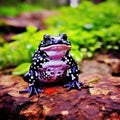 Colorful poison dart frog on a rock with red flower.