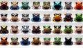 Colorful poisonous frogs on a white background. Set of different aligned frogs. Generative Ai