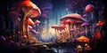 colorful poisonous hallucinogenic mushrooms fly agarics amanita toadstool in fabulous fairy tale forest at night
