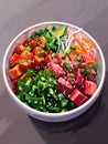 Colorful poke bowl with fresh vegetables, tuna, salmon, and garnishes.