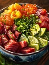 Colorful poke bowl with fresh vegetables, tuna, salmon, and garnishes.