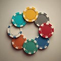 Colorful poker chips arranged in a circular pattern on a neutral gradient background, soft highlights and shadows Royalty Free Stock Photo