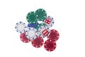 Colorful poker chips with two red dice Royalty Free Stock Photo