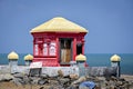 Colorful police outpost at lands end on South East boundary of India at Dhanushkodi. Text in local language is the translation of