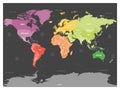 Colorful political map of World divided into six continents on dark grey background. With countries, capital cities