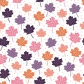 Colorful Polka Dot Purple, Pink, Orange Fall Maple Leaves Seamless Pattern Royalty Free Stock Photo