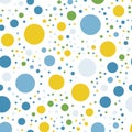 Colorful polka dots pattern on white background.