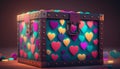 Colorful polka dotted box with colored hearts