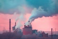 Colorful pollution from manufacturing plants. Blue smoke. Generative AI