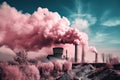 Colorful pollution from manufacturing plants. pink smoke. Generative AI