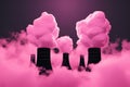 Colorful pollution from manufacturing plants. pink smoke. Generative AI