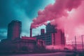 Colorful pollution from manufacturing plants. pink smoke. Generative AI