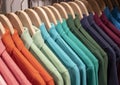 Colorful polo shirt on hang for sale in shop. Green blue polo on wooden hanger. Summer season wear in department store Royalty Free Stock Photo