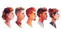 Colorful polygonal portraits of five individuals in profile against a white background.