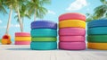 Colorful Pool Floats Stacked by Tropical Palm Trees