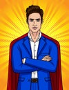 Colorful pop art style illustration of confident businessman looks like a superhero.