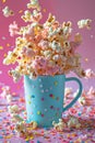 Colorful Popcorn Explosion in Blue Polka Dot Cup with Confetti on Pink Background Creative Snack Concept Royalty Free Stock Photo