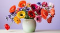 Colorful Poppies Vase On Purple Background - Vibrant Floral Art