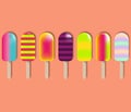 Colorful popsicle ice cream. Sweet summer dessert. 3d vector set of tasty colorful ice cream with different topping.
