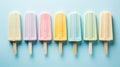 Colorful popsicles on blue background. Top view, flat lay Generative AI