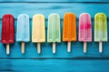 Colorful popsicles on a blue wooden background. Top view, Colorful popsicle ice cream on a turquoise wooden background, AI Royalty Free Stock Photo