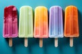 Colorful popsicles displayed on a blue background, top view