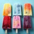 Colorful popsicles displayed on a blue background, top view