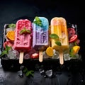 colorful popsicles, placed in a bed of crushed ice, perfect for a hot summer day by AI generated