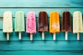 Colorful popsicles on turquoise wooden table. Top view, Colorful popsicle ice cream on a turquoise wooden background, AI Generated Royalty Free Stock Photo