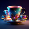 Colorful porcelain cup and saucer on a dark background AI generated