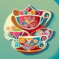 Colorful porcelain cup and saucer. Vector illustration. Generative AI