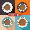 Colorful Porcelain Cups Of Coffee With Long Shadow And Colorful Squares. Positive And Funny Start Of The Day.