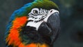 Colorful portrait of Amazon red macaw parrot against jungle. Side view of wild ara parrot head on green background. Wildlife and Royalty Free Stock Photo