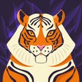 Colorful portrait of beautiful tiger on purple background. Hand drawn wild animal.