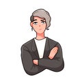 Colorful portrait of bored anime hipster guy. Young male manga character avatar. Kawaii handsome teenager with fold arms Royalty Free Stock Photo