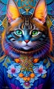 Colourful portrait of a cat with colourful ornamental mandala