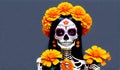 A colorful portrait of a Catrina, a female skeleton dressed in elegant clothes and accessories, with a sugar skull