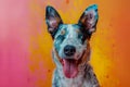 Colorful Portrait of a Happy Merle Australian Shepherd with Vivid Orange and Pink Gradient Background